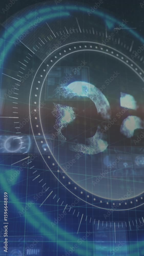 Poster animation of data processing on moving screens and scan scoping over blue background
