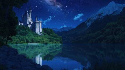 Obraz premium Majestic castle reflected in a serene lake under a starry night sky.