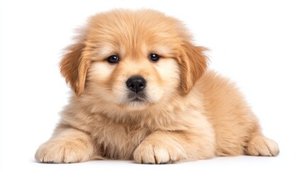 Obraz premium Adorable puppy resting peacefully on a white surface, captivating portrait