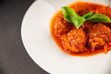 Meatballs tomato sauce beef, pork or chicken meat fresh delicious gourmet food background on the table rustic food top view copy space keto and paleo diet