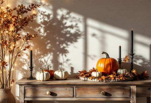 Cozy fall console decor with orange and white pumpkins, black taper candles, autumn leaves and soft shadows on wall, rustic seasonal scene with warm sunlight for interior styling and holiday content