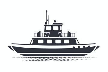 Obraz premium Isolated black and white boat floats calmly atop stylized waves on the white background