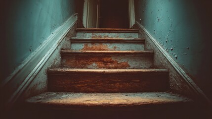 Old, weathered wooden staircase in a dark, abandoned interior