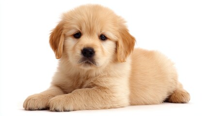 Obraz premium Adorable puppy resting peacefully on white, a heartwarming image capturing the innocence and charm of young puppies.