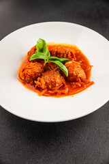 Meatballs tomato sauce beef, pork or chicken meat fresh delicious gourmet food background on the table rustic food top view copy space keto and paleo diet