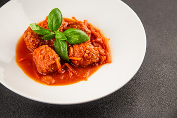 Meatballs tomato sauce beef, pork or chicken meat fresh delicious gourmet food background on the table rustic food top view copy space keto and paleo diet