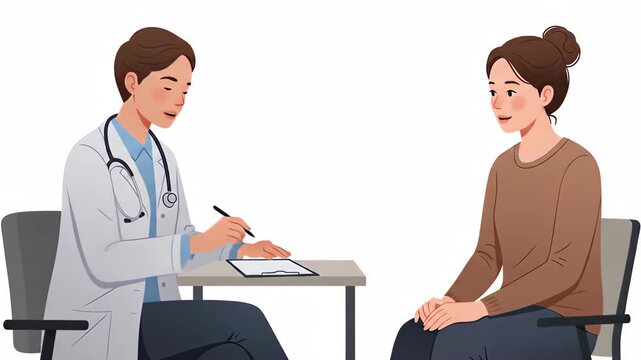 Flat vector a doctor is consulting with a patient, taking notes on a clipboard during an examination, isolated on white background