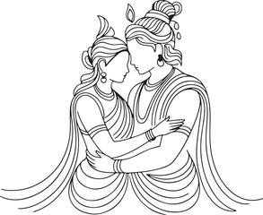 Radha Krishna Embrace Silhouette, Divine Love, Hindu Mythology, Indian Culture, And  Spirituality Line Art Vector