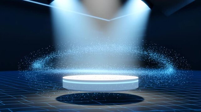 Futuristic Stage Presentation with Orbiting Lights and Particle Effects A High-Tech Showcase Platform