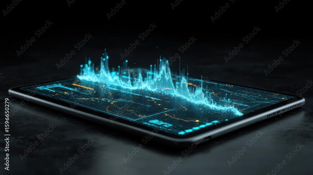 Poster a sleek tablet displays a futuristic 3d data visualization with glowing blue digital graphs emerging