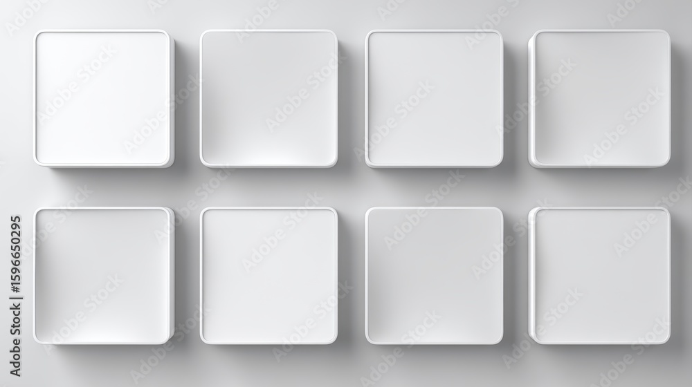 Poster eight blank white square buttons arranged in two rows on a light gray background, showcasing minimal