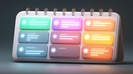A colorful, 3D-rendered planner or calendar with multiple rectangular event blocks in various pastel shades on a spiral-bound desktop stand, digital scheduler