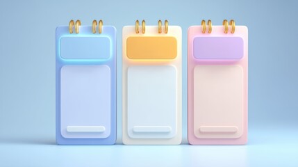 Three pastel-colored spiral-bound notepads stand upright against a soft blue background, featuring blue, yellow, and purple headers, digital scheduler