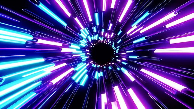 A seamless video looped video animation bright neon Astera light tubes forming glowing tunnel deep space moving forward first person perspective ideal futuristic digital environments high quality