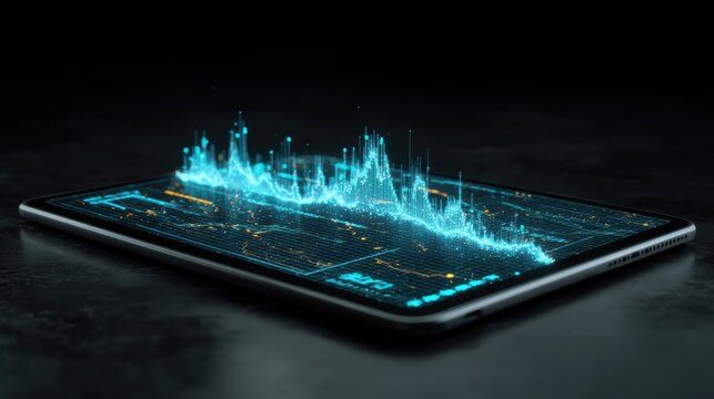 A sleek tablet displays a futuristic 3D data visualization with glowing blue digital graphs emerging from the screen in a dark, tech-inspired setting, digital scheduler