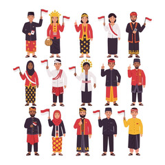 Diverse group of people in Indonesian traditional clothing, holding flags, representing Indonesian culture.