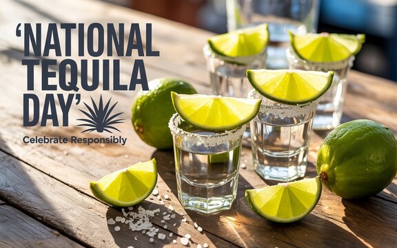 National Tequila Day, Festive tequila display with lime and salt on wooden surface. - Powered by Adobe
