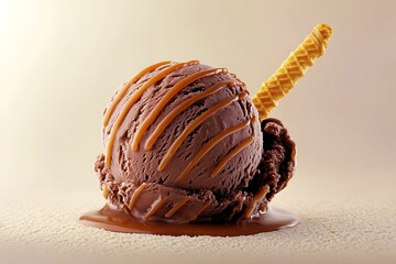 A scoop of rich chocolate ice cream with caramel drizzle, garnished with a wafer stick, set against a solid cream-colored background.
