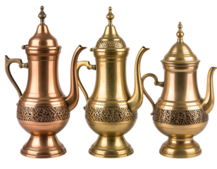  “Three Vintage Brass and Copper Coffee Pots from Different Eras, Isolated on Transparent Background”.