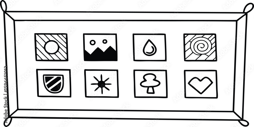 Poster hand drawn icon set in frame with various symbols on transparent background this hand drawn