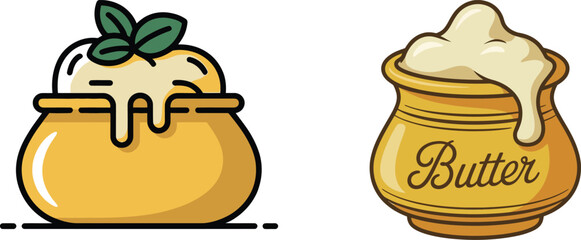 Pot of Butter or Ghee Vector Icons. Dairy Product, Cooking Ingredient, Indian Food, And Cuisine For Janmashtami Festival