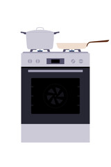 Kitchen stove with oven, cooking pot and frying pan on gas burners. Modern home appliance for baking, boiling and frying. Simple illustration, stock flat vector, isolated.