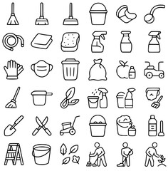Collection of cleaning and gardening icons depicting various tools and activities.