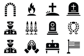 Military Funeral Icons, Flat Vector Set of Symbolic Elements Like Flags, Caskets, Bugles, Salutes, and Tombstones for Commemorative Graphics