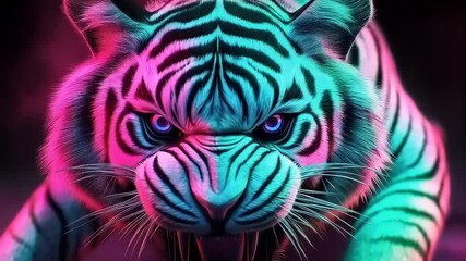 Striking Neon Tiger: Bold Design with Electric Colors and Dramatic Pose - Powered by Adobe