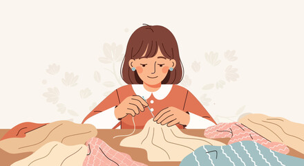 Obraz premium A young woman meticulously sews fabric pieces at a table, surrounded by various colored textiles.