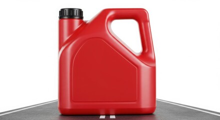 Obraz premium Red plastic motor oil container with black cap isolated on white background
