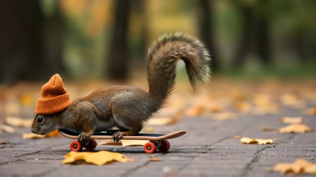 Adorable Squirrel Skateboarding in Autumn Park - A cute squirrel wearing an orange beanie rides a tiny skateboard on a brick pathway in a park. Fallen autumn leaves are scattered around.