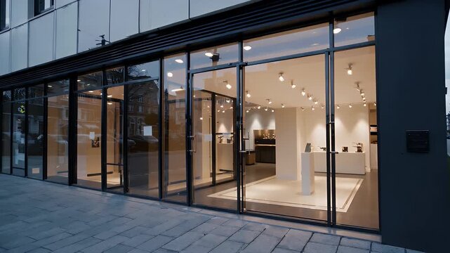 Showcase retail sophistication clean 4K exterior mockup boutique storefront featuring glass doors spotlighted displays empty shelving enabling design video ers to present branding concepts product
