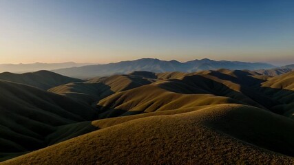 Celebrate pastoral splendour crisp 4K landscape animation where rolling hills shimmer golden sunlight before majestic mountains painted cool blues ideal tourism reels inspirational quotes countryside