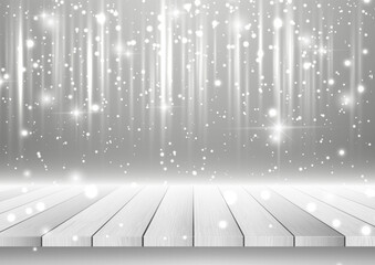 christmas background with wooden table looking out to silver sparkling design 2811