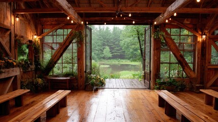 Fototapeta premium Rustic Wooden Barn Wedding Venue with Open Doors Rainy Day