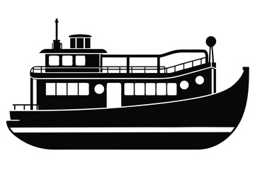 Side view shows a silhouette of a twostory black tugboat at sea