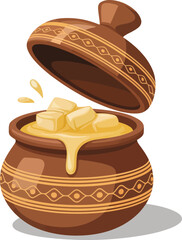 Traditional Indian Clay Pot with Ghee or Butter. Dairy Product, Culinary Ingredient, Cultural Food Vector
