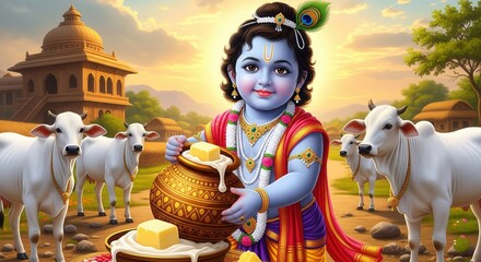 Ultra-Realistic Baby Krishna with Butter Pot & Cows – Devotional Poster HD Art