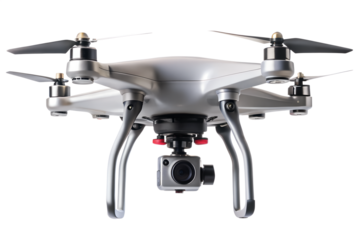 A modern silver drone with a camera mounted underneath is shown in a studio shot, isolated on a transparent background