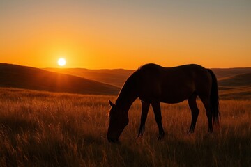 Brown horse grazing on dry grass field during sunset with hills in background. Warm orange tones dominate the scene. Concept of wildlife, countryside and peaceful nature at dusk

