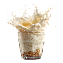 Dairy splash effect captured mid-motion from a tilted glass with soft edge lighting and natural milk flow, isolated on transparent background. --v 7.0 --s 250 --raw