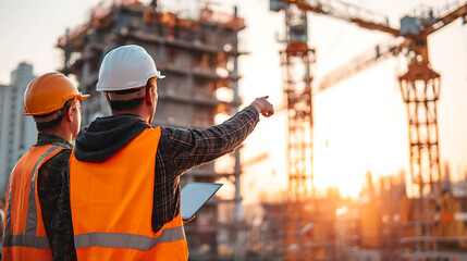 Two construction workers in hard hats and safety vests looking at a building site