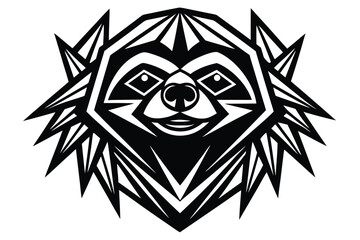 Monochrome emblem reveals stylized raccoon face encased within geometric, angular frame is on white background