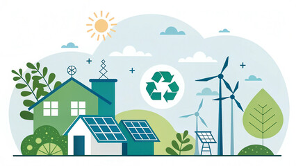 Eco-Friendly Energy Concept with Solar Panels and Wind Turbines – Flat Vector 