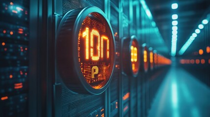Server rack with digital displays showing high processing numbers