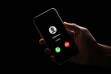 Hand holding mobile phone with unknown caller notification, concept of telephone fraud, call blocking, digital security, unwanted calls, anonymous communication, phishing attempt.