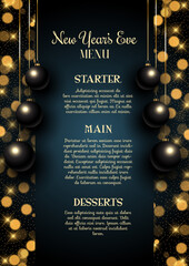 Elegant New Years Eve menu design with hanging baubles 0512