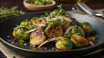 Gourmet Brussel Sprouts Glazed Dish with Herbs and Onion on Dark Plate Presentation 