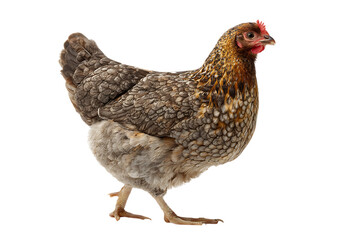 A speckled hen in profile